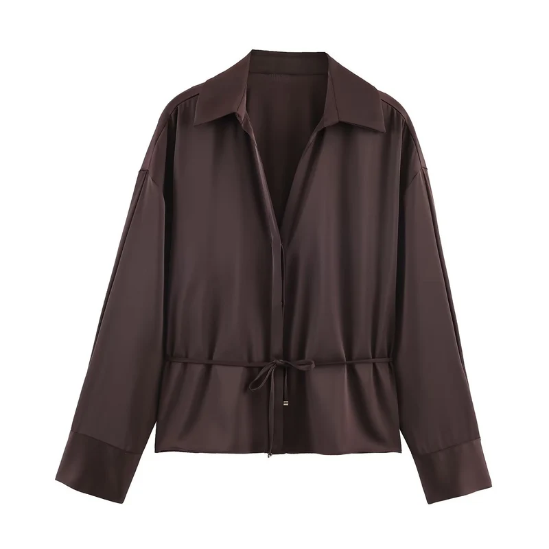 Damen Seidenähnliche Oversize-Hemdjacke mit Tunnelzugtaillierung und breiten Manschetten Nord Taschen