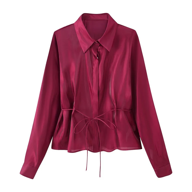 Damen Seidenähnliche Bluse mit Taillen-Zugband und verdeckter Knopfleiste Nord Taschen