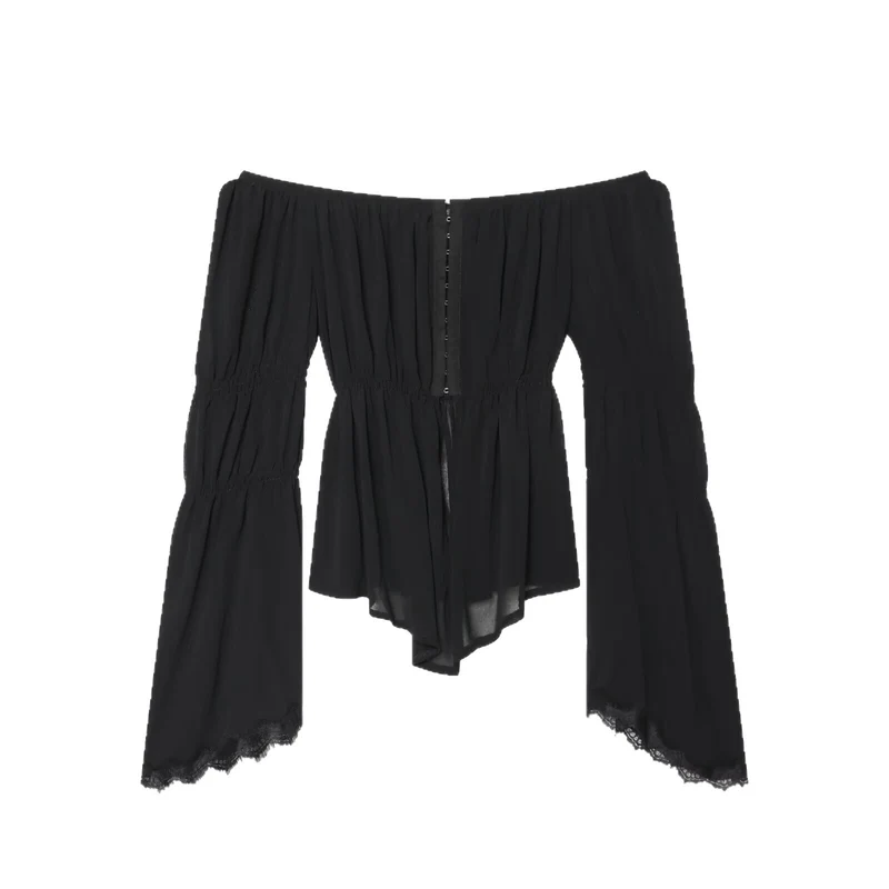 Damen Schulterfreies Chiffon-Top mit Carmen-Ausschnitt, geraffter Taille und voluminösen Volantärmeln Nord Taschen
