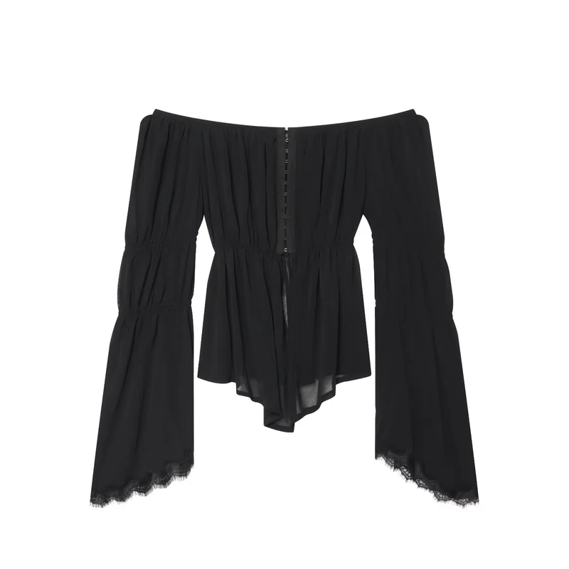 Damen Schulterfreies Chiffon-Top mit Carmen-Ausschnitt, geraffter Taille und voluminösen Volantärmeln Nord Taschen