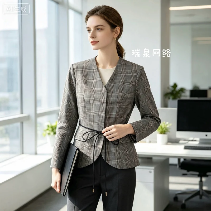 Damen Taillierter Glencheck-Blazer mit V‑Ausschnitt und Wickelgürtel Nord Taschen