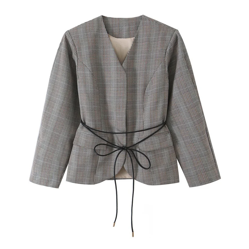 Damen Taillierter Glencheck-Blazer mit V‑Ausschnitt und Wickelgürtel Nord Taschen
