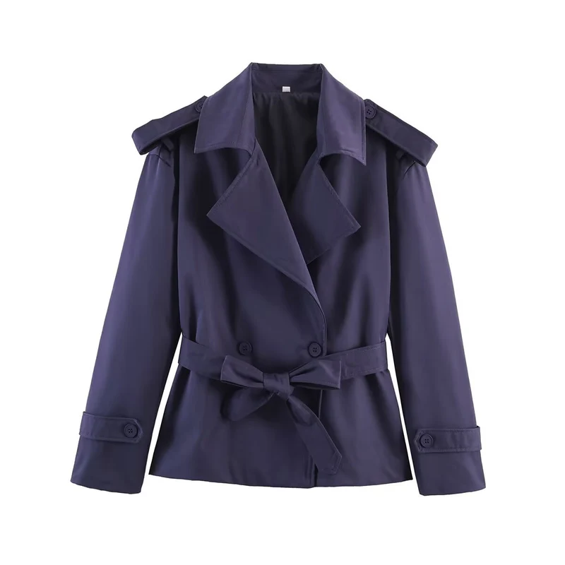 Damen Taillierter Cropped-Trenchcoat mit breitem Revers, Bindegürtel und Schulterklappen Nord Taschen