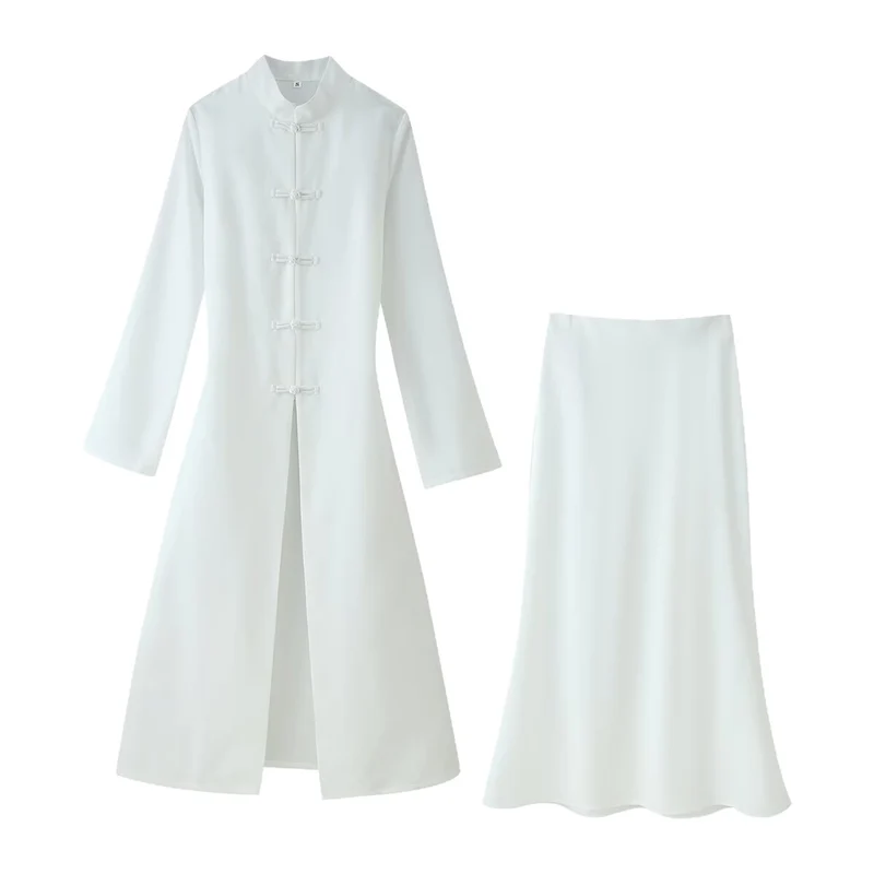 Damen Zweiteiliges Set: Langer Mantel mit Mandarin‑Kragen und A‑Linien Maxirock Nord Taschen