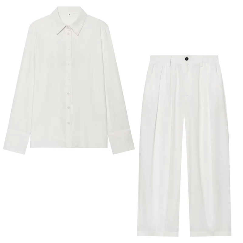 Damen Zweiteiliges Satin-Set mit weichem Oversized-Hemd und hochgeschnittener Palazzo-Hose Nord Taschen