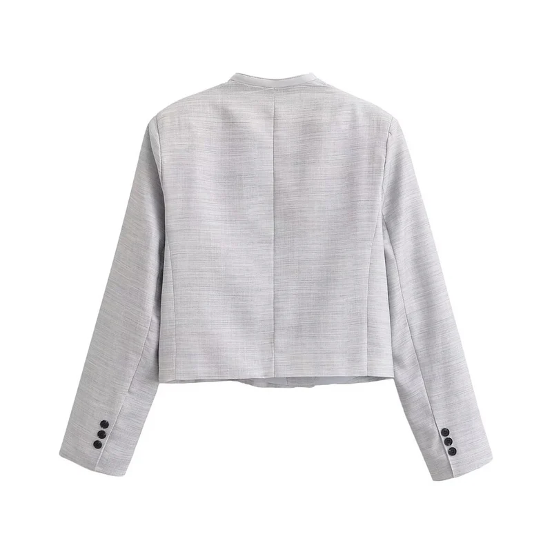 Damen Kurzgeschnittener kragenloser Blazer mit doppelreihiger Knopfleiste und Strukturgewebe Nord Taschen