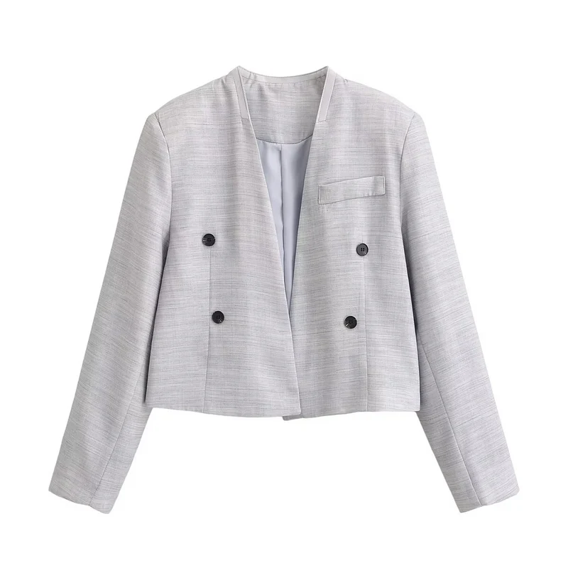 Damen Kurzgeschnittener kragenloser Blazer mit doppelreihiger Knopfleiste und Strukturgewebe Nord Taschen