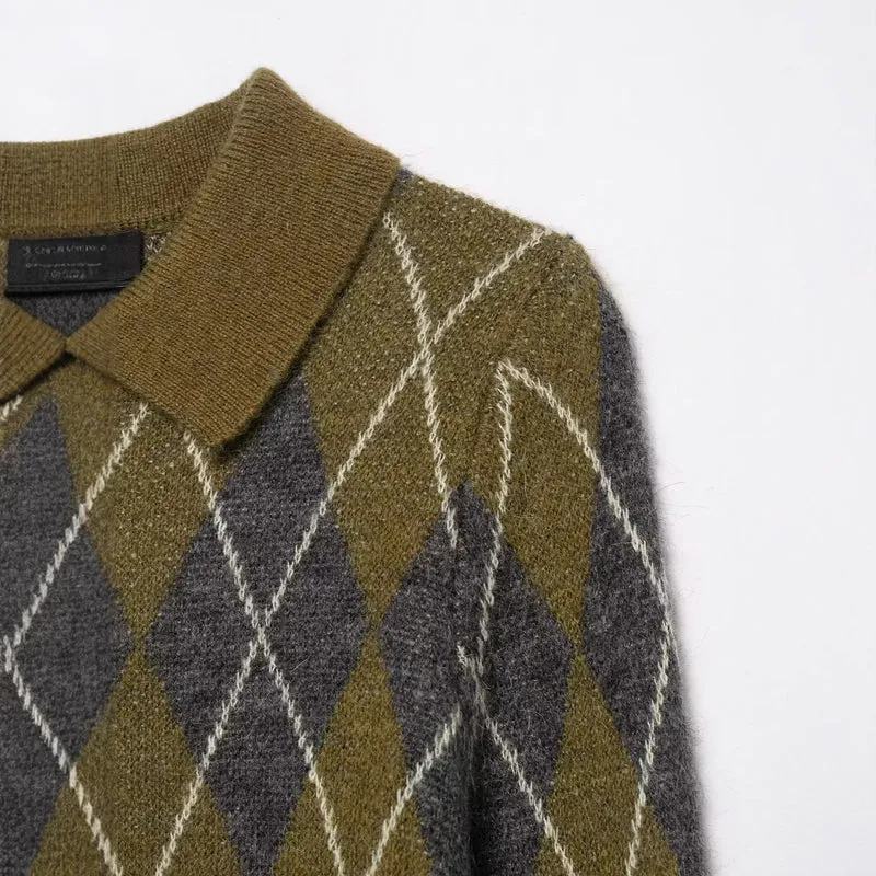 Damen Kurzgeschnittener Argyle‑Polo‑Pullover aus feinem Strukturstrick Nord Taschen