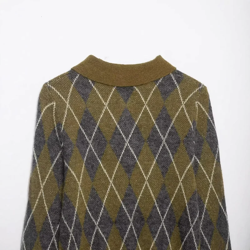 Damen Kurzgeschnittener Argyle‑Polo‑Pullover aus feinem Strukturstrick Nord Taschen
