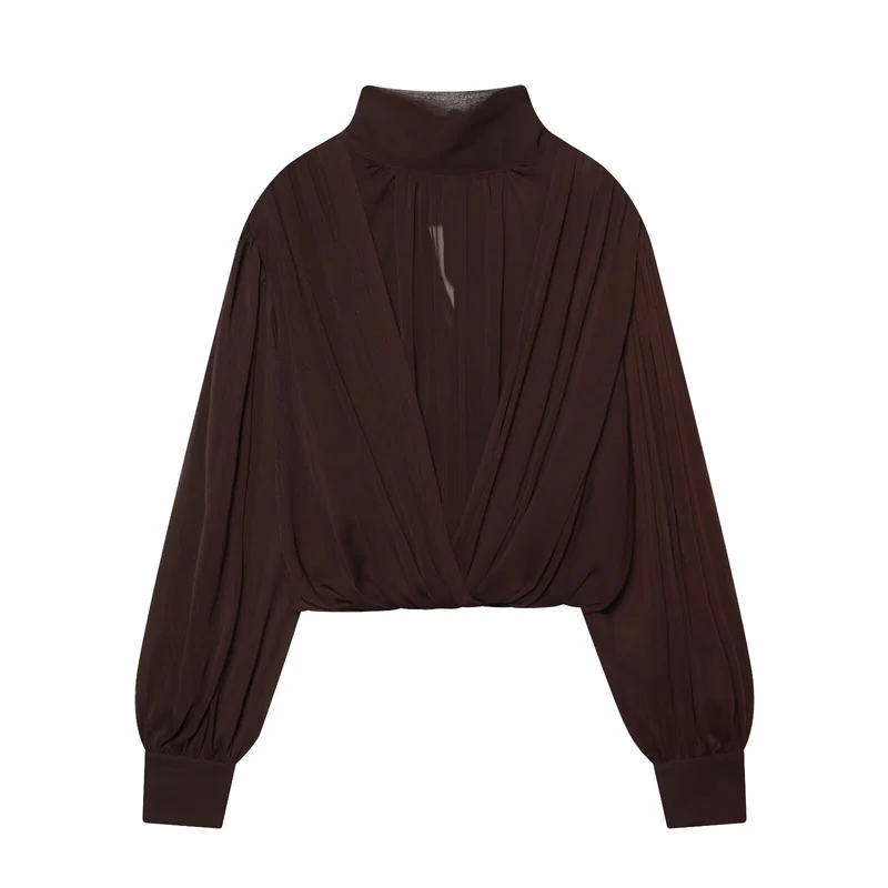 Damen Kurzgeschnittene Wickelbluse mit Stehkragen und voluminösen Ballonärmeln Nord Taschen