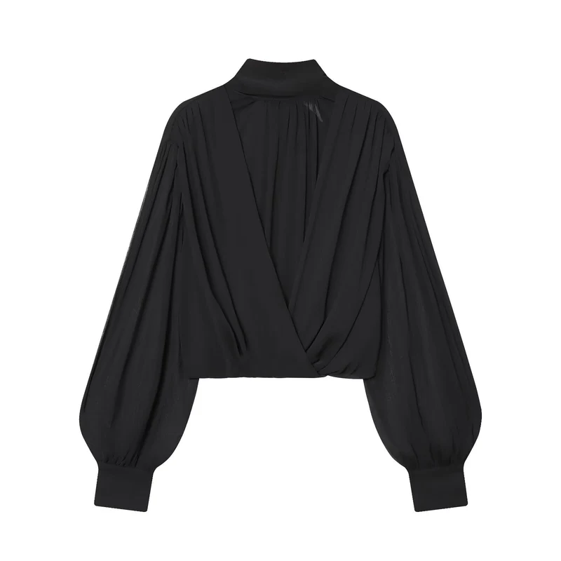 Damen Kurzgeschnittene Wickelbluse mit Stehkragen und voluminösen Ballonärmeln Nord Taschen