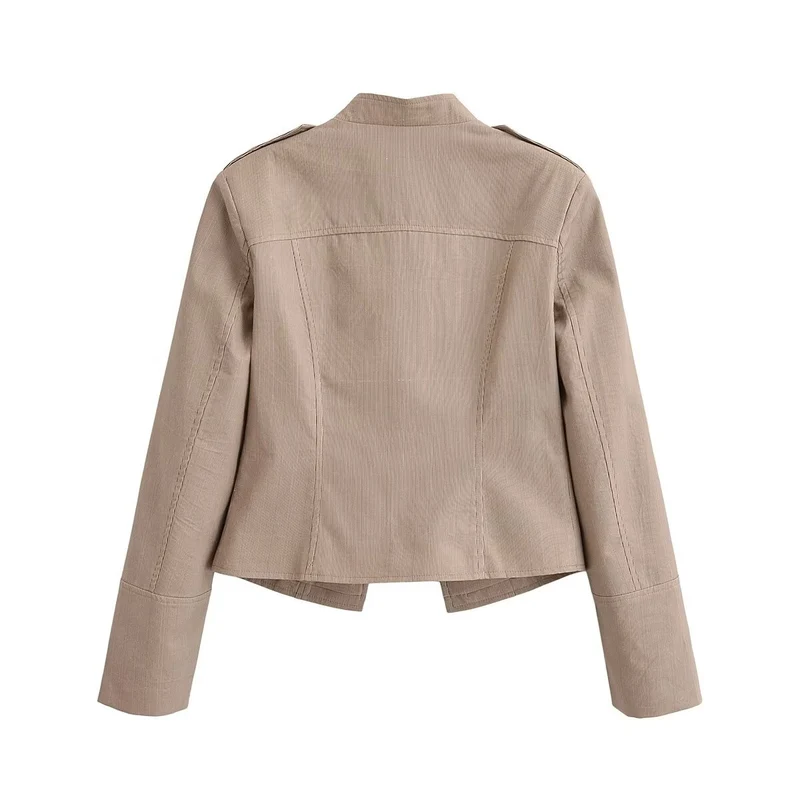 Damen Kurzgeschnittene taillierte Militärjacke mit Stehkragen und Zierknöpfen Nord Taschen