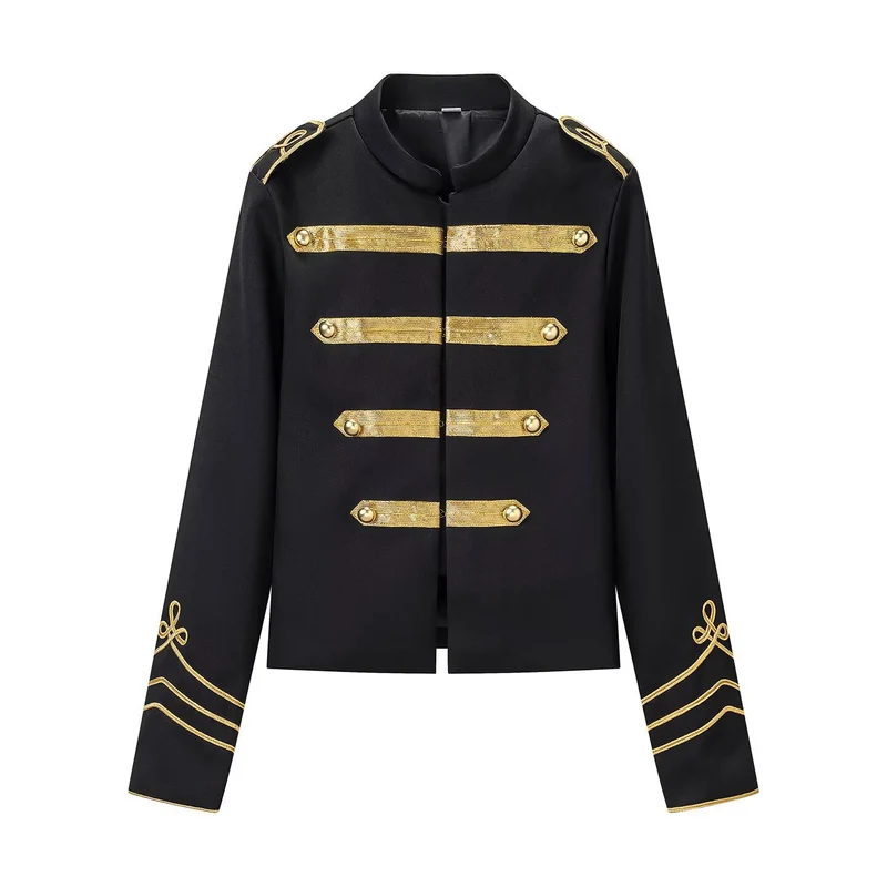 Damen Militärinspirierte Kurzjacke mit Stehkragen und goldenen Zierstreifen Nord Taschen