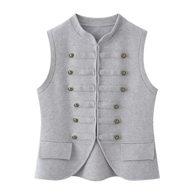 Damen Militärinspirierte Bouclé‑Weste mit Stehkragen und Zierknöpfen Nord Taschen