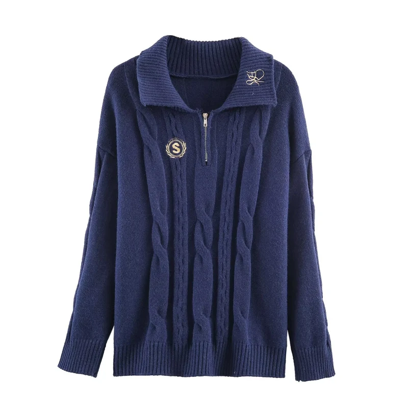 Damen Oversize Zopfstrick-Pullover mit halbem Reißverschluss und Schalkragen Nord Taschen