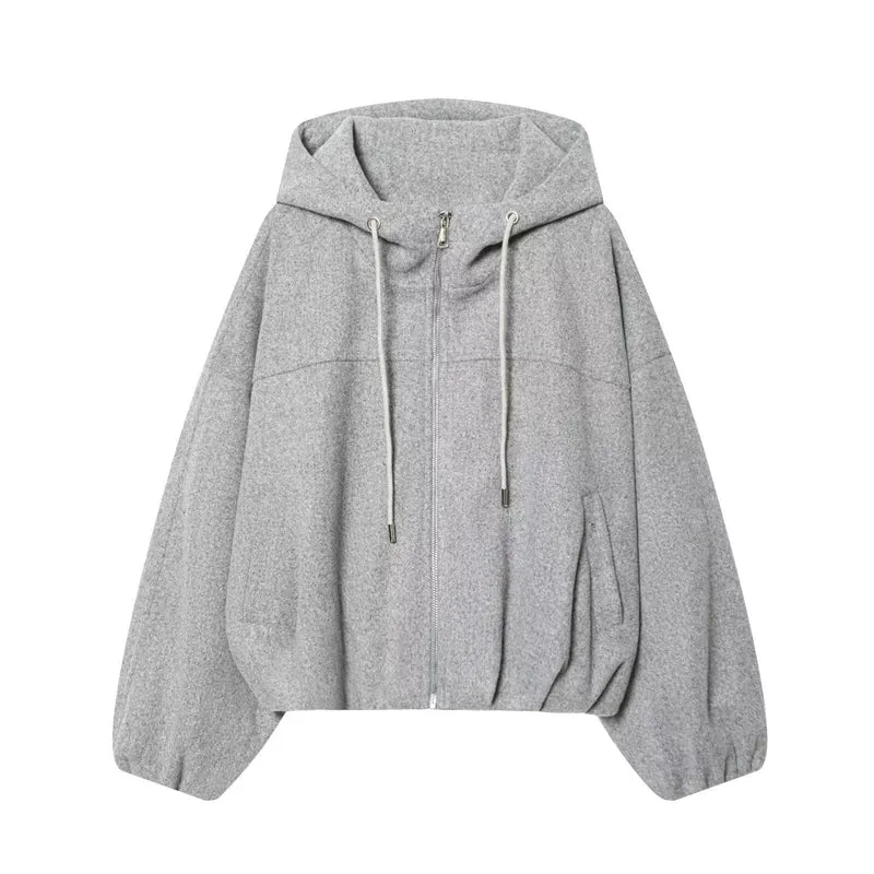 Damen Oversize-Wollmix-Kapuzenjacke mit Reißverschluss und Tunnelzug Nord Taschen