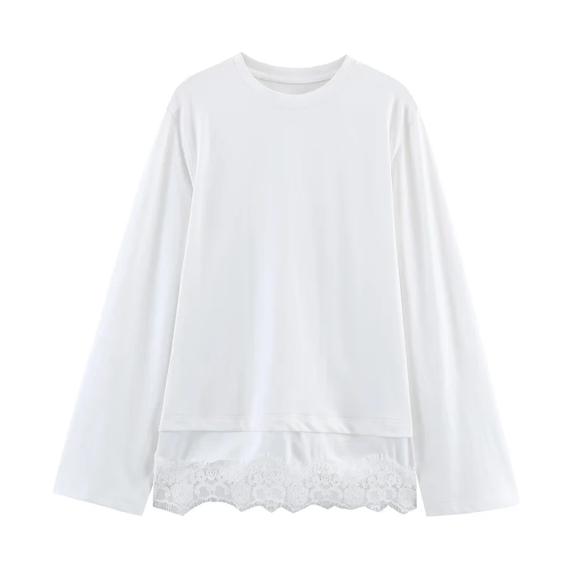 Damen Langärmeliges Oversize-Shirt mit Rundhalsausschnitt und Spitzenbesatz am Saum Nord Taschen