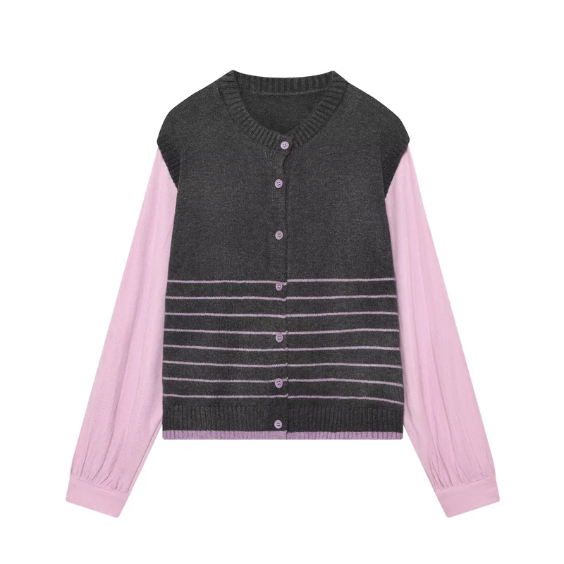 Damen Lagenlook-Strickcardigan mit gestreiftem Westeinsatz und Volumenärmeln Nord Taschen