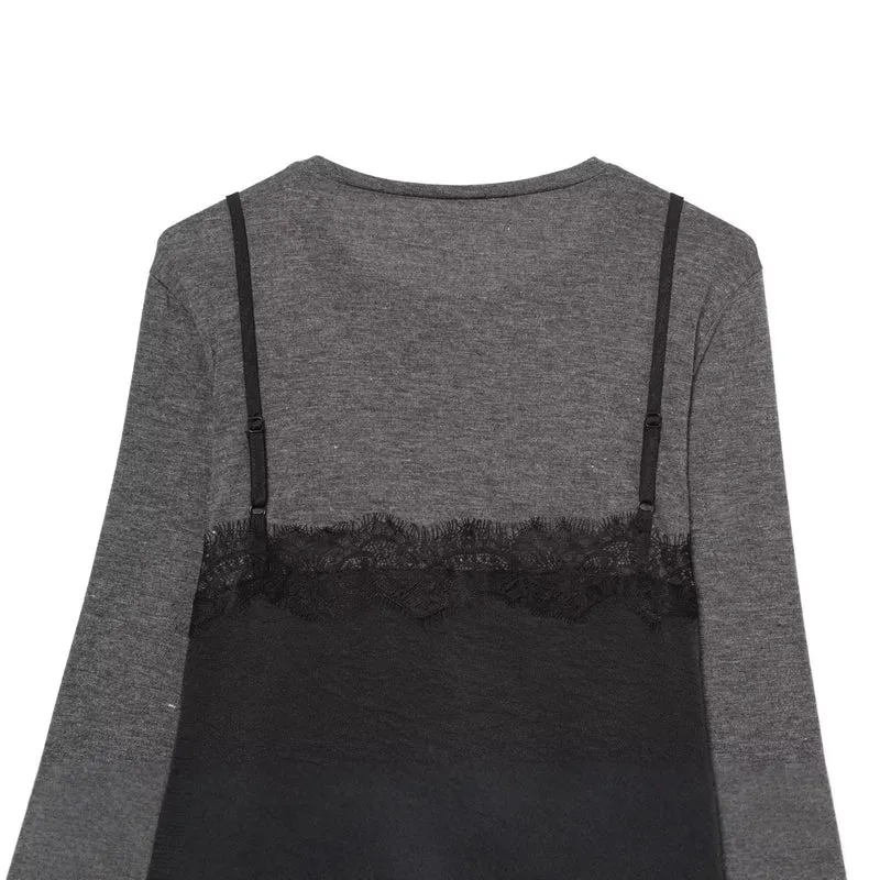 Damen Lagenlook-Longsleeve mit Satin-Slip-Einsatz und Spitzenbesatz Nord Taschen