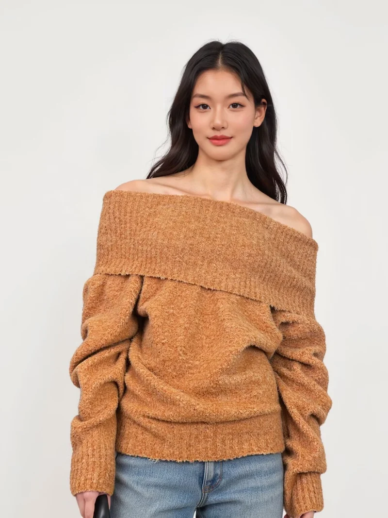 Damen Schulterfreier Oversized-Strickpullover mit weitem Umschlagkragen und voluminösen Ärmeln Nord Taschen
