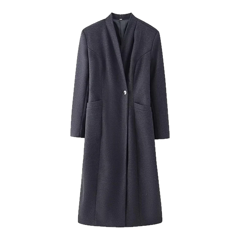 Damen Schlichter Midi-Mantel aus Wollmix mit V‑Kragen, Taillierungsnähten und seitlichen Eingrifftaschen Nord Taschen