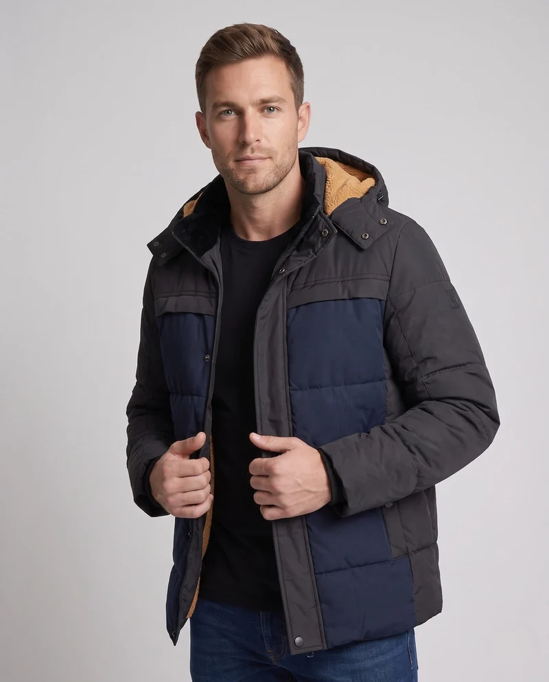 Männer gestepptes Parka mit Teddyfutter und melierter Front Nord Taschen