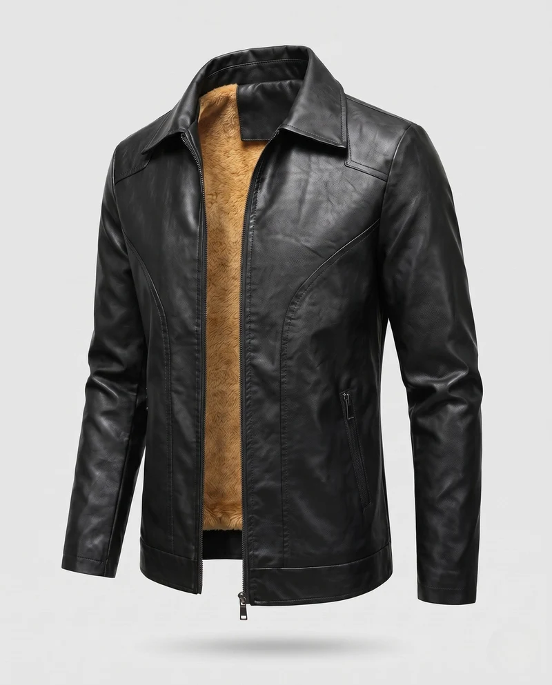 Herren Glattleder-Look Blouson mit vollem Teddy-Futter und verdecktem Reißverschluss Nord Taschen