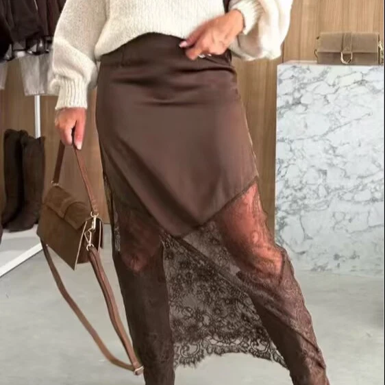 Damen Midirock aus Satin mit spitzem Vorderteil und transparentem Spitzenbesatz Nord Taschen