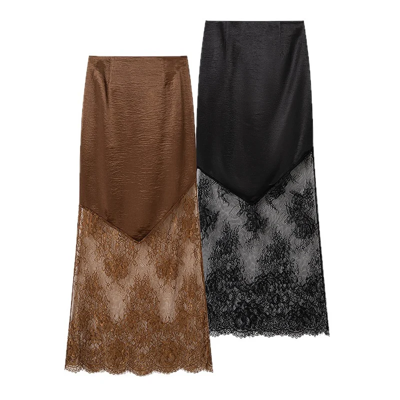 Damen Midirock aus Satin mit spitzem Vorderteil und transparentem Spitzenbesatz Nord Taschen