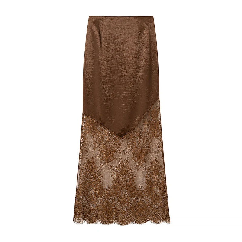 Damen Midirock aus Satin mit spitzem Vorderteil und transparentem Spitzenbesatz Nord Taschen