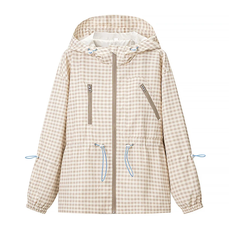 Damen Leichte Kapuzen-Outdoorjacke im Vichy-Karo mit Tunnelzugtaillierung Nord Taschen
