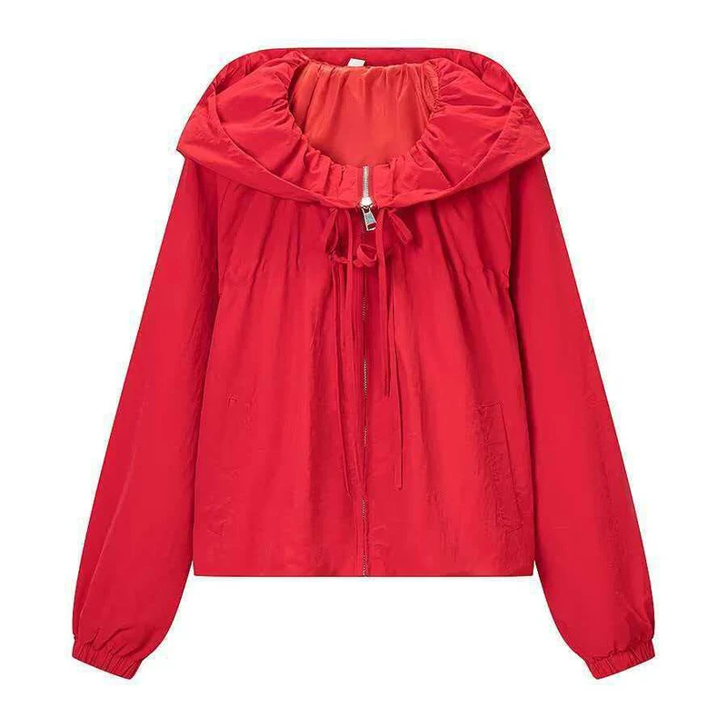 Damen Leichte Kapuzen-Boxy-Übergangsjacke mit Tunnelzug und elastischen Bündchen Nord Taschen