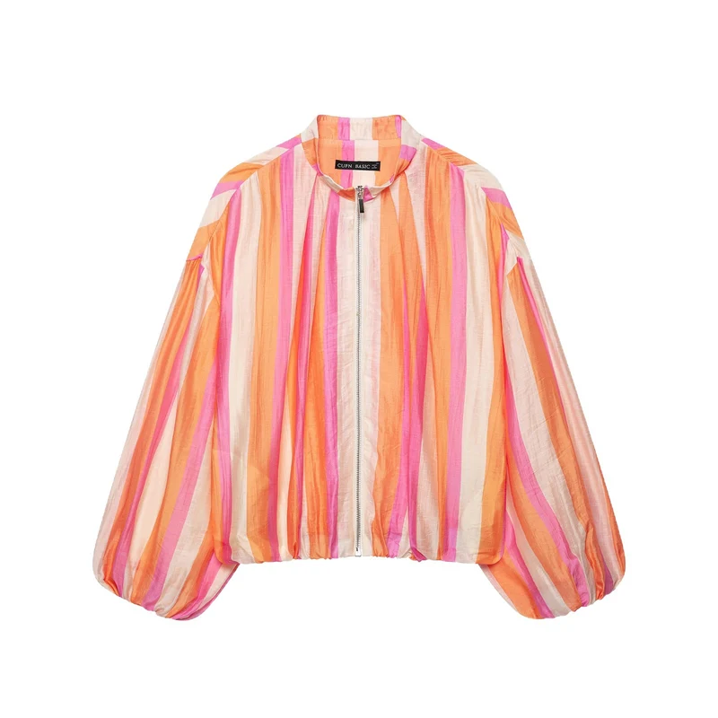 Damen Leichte gestreifte Cropped-Bomberjacke aus transparentem Crêpe mit Ballonärmeln Nord Taschen