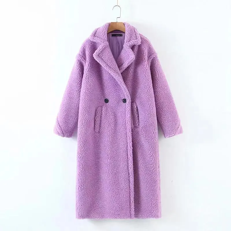 Damen Oversize Teddy-Mantel im Longline-Schnitt mit Reverskragen und Pattentaschen Nord Taschen