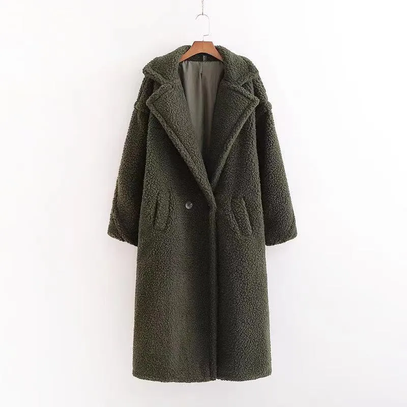 Damen Oversize Teddy-Mantel im Longline-Schnitt mit Reverskragen und Pattentaschen Nord Taschen