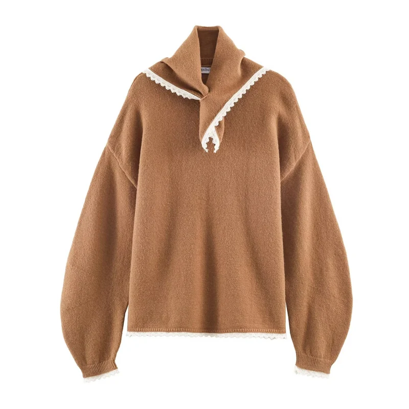 Damen Oversize-Strickpullover mit Schlauchkragen und Spitzenborte Nord Taschen