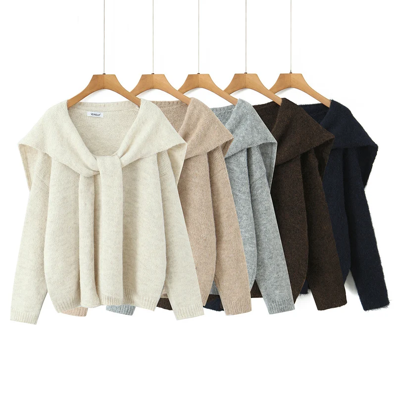 Damen Oversize Strickpullover mit integriertem Schal und weitem Schulterkragen Nord Taschen