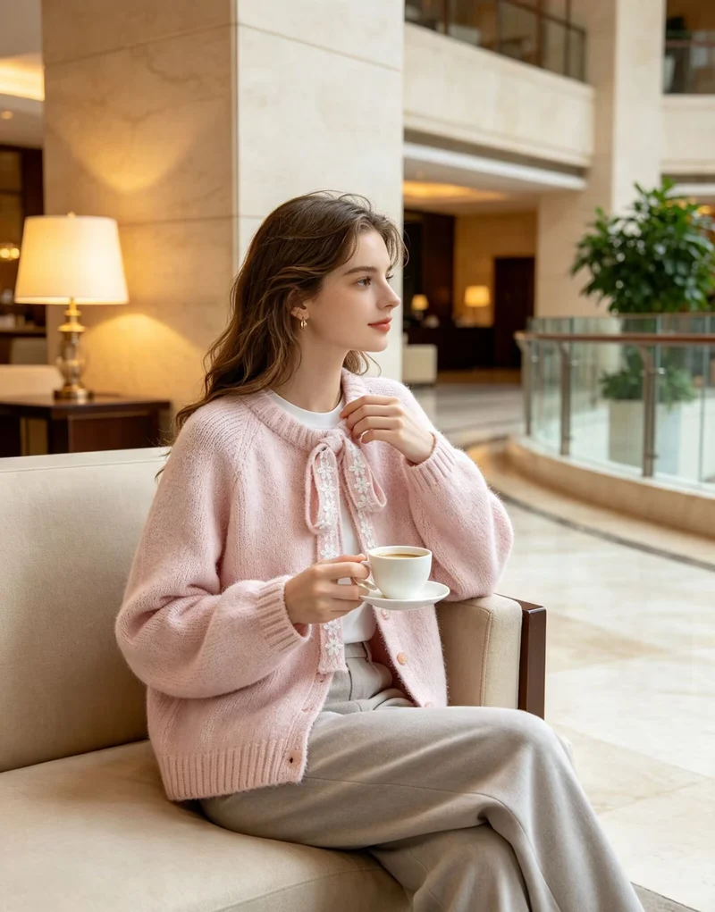 Damen Oversize Strickpullover mit dekorativem Blumen-Spitzenband Nord Taschen