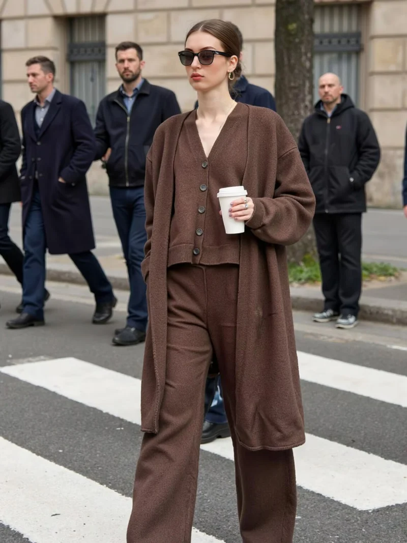 Damen Oversize Strick-Set mit Longcardigan, Knopf-Weste und weiten Hosen Nord Taschen