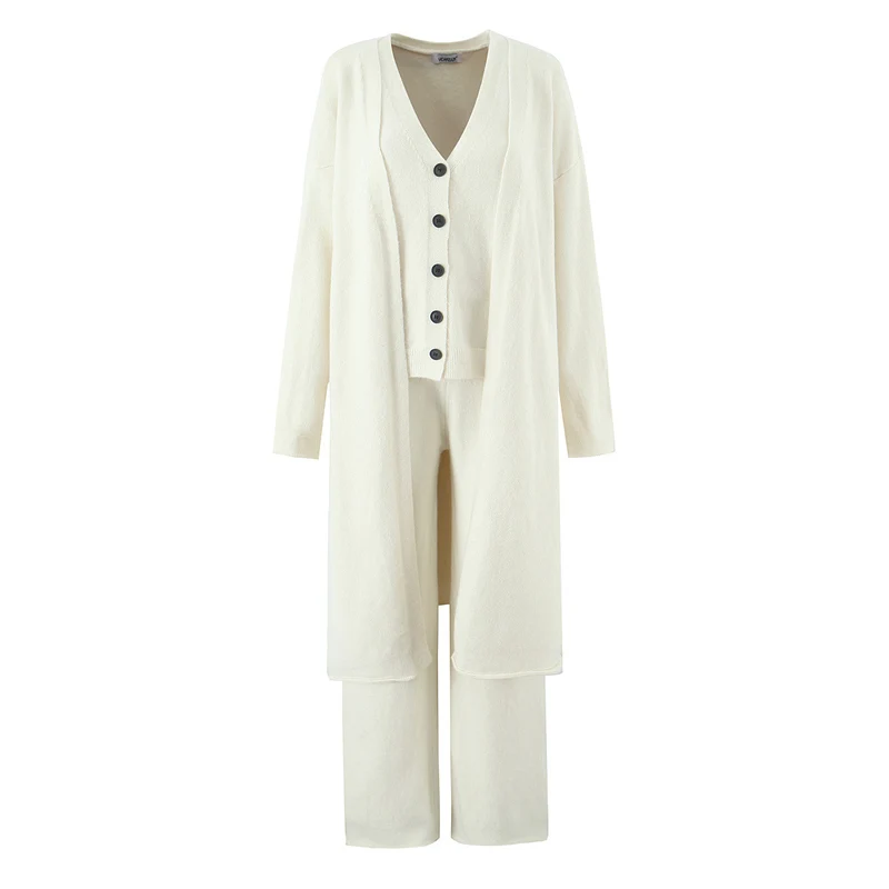 Damen Oversize Strick-Set mit Longcardigan, Knopf-Weste und weiten Hosen Nord Taschen