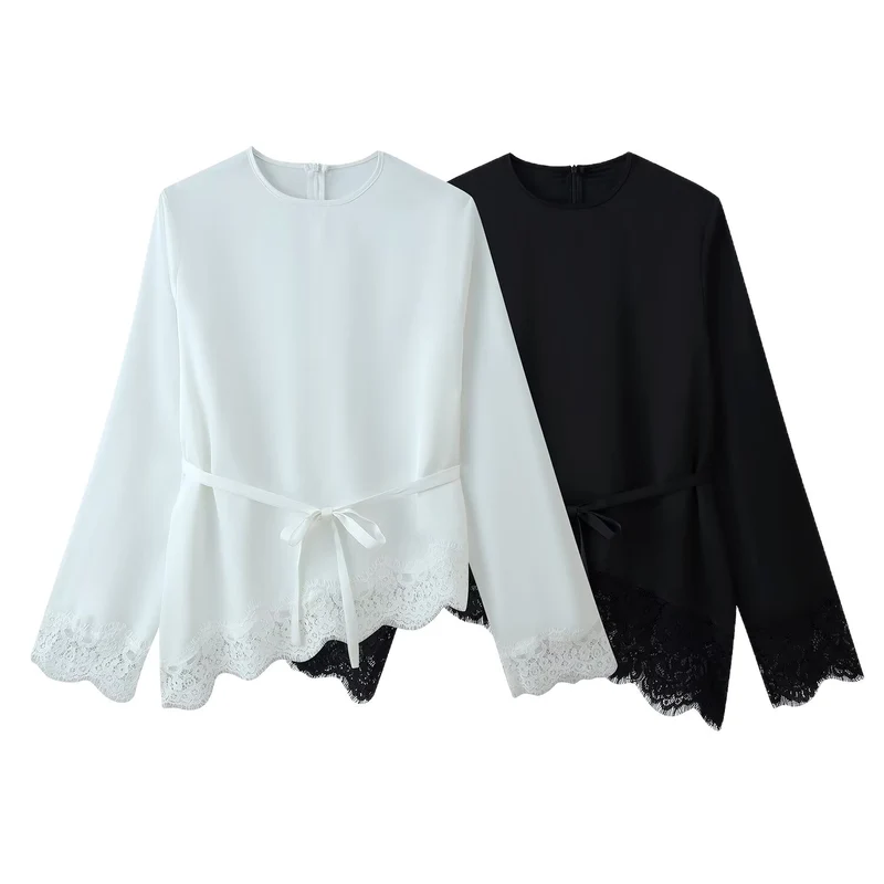 Damen Satinbluse mit Spitzenbesatz, Scallop-Saum und weitem Ärmel Nord Taschen