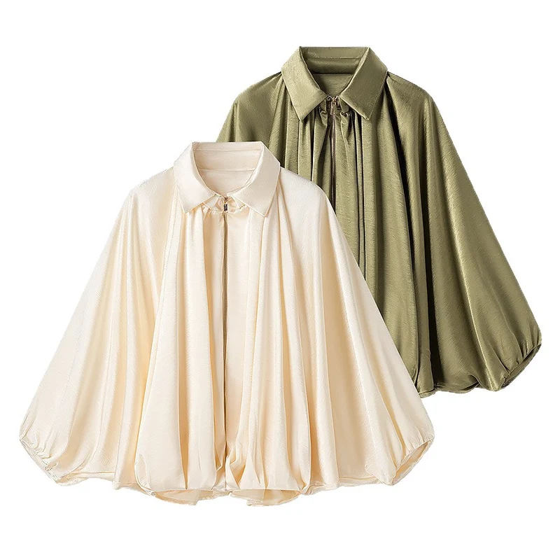 Damen Satin-Cape-Bluse mit Reißverschluss, Ballonärmeln und gerafftem Saum Nord Taschen