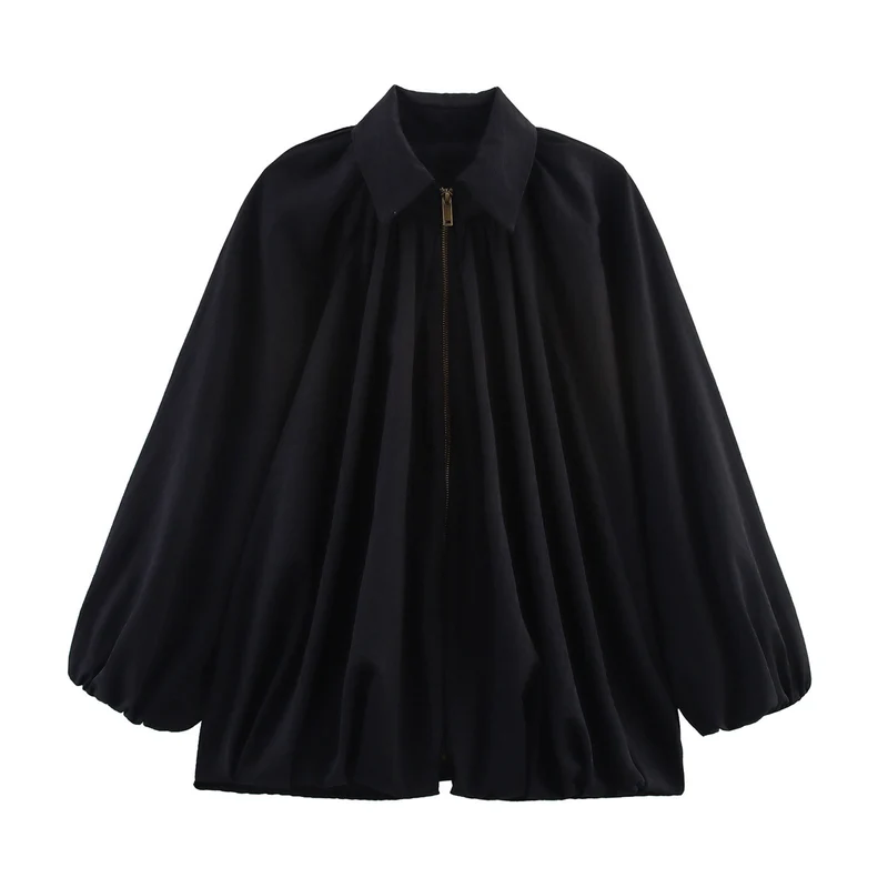 Damen Satin-Cape-Bluse mit Reißverschluss, Ballonärmeln und gerafftem Saum Nord Taschen