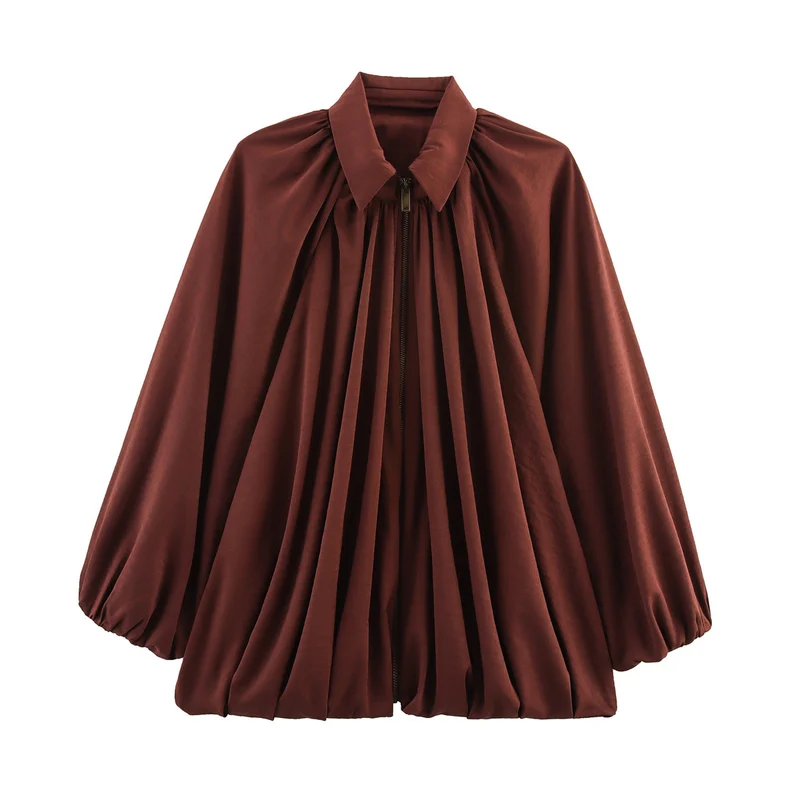 Damen Satin-Cape-Bluse mit Reißverschluss, Ballonärmeln und gerafftem Saum Nord Taschen