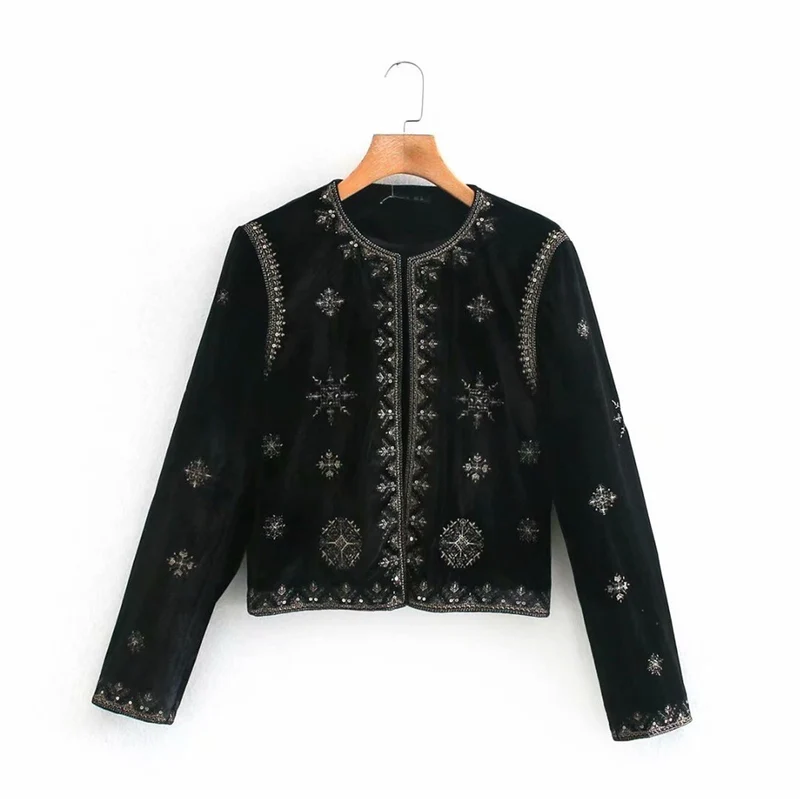 Damen Samt-Kurzjacke mit ornamentaler Perlen- und Zierstickerei Nord Taschen