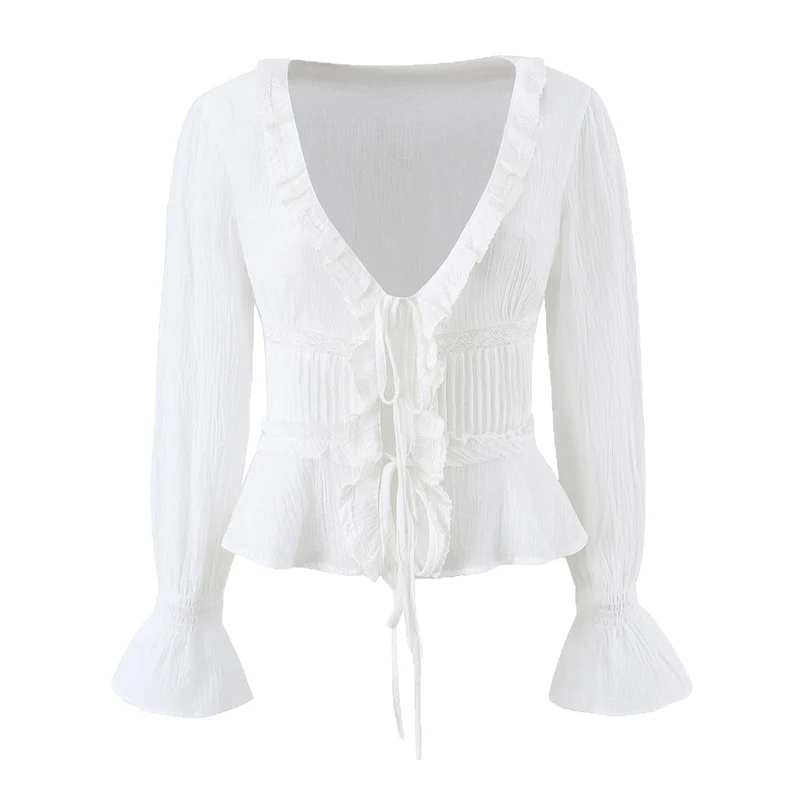 Damen Rüschige V‑Neck‑Bluse mit Taillenraffung und Glockenärmeln Nord Taschen