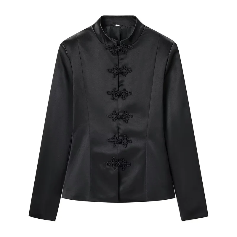 Damen Taillierte Satinjacke mit Stehkragen und Zierknotenverschlüssen Nord Taschen