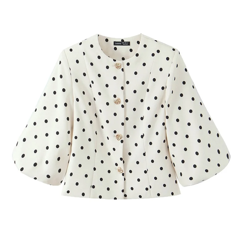 Damen Taillierte Polka‑Dot Blusenjacke mit Volumenärmeln und goldenen Schmuckknöpfen Nord Taschen