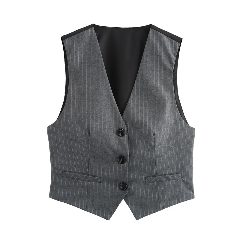 Damen Taillierte Nadelstreifen-Weste mit Reversloser Silhouette und Leistentaschen Nord Taschen