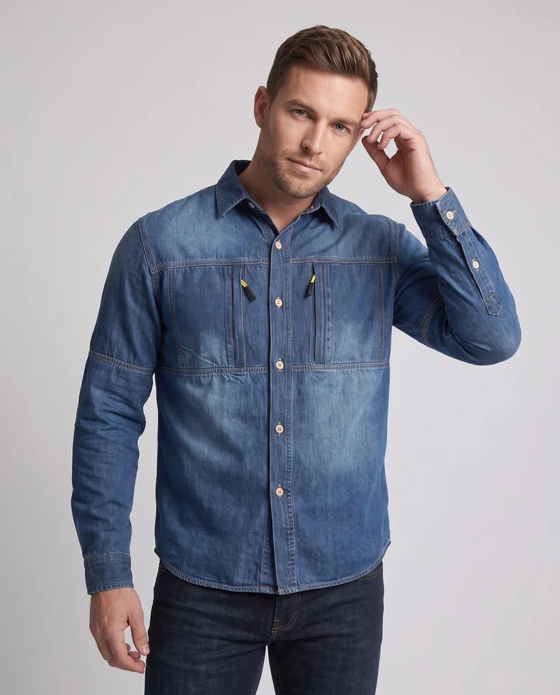 Herren Jeanshemdjacke im Arbeitskleidungsstil mit Reißverschluss-Brusttaschen Nord Taschen
